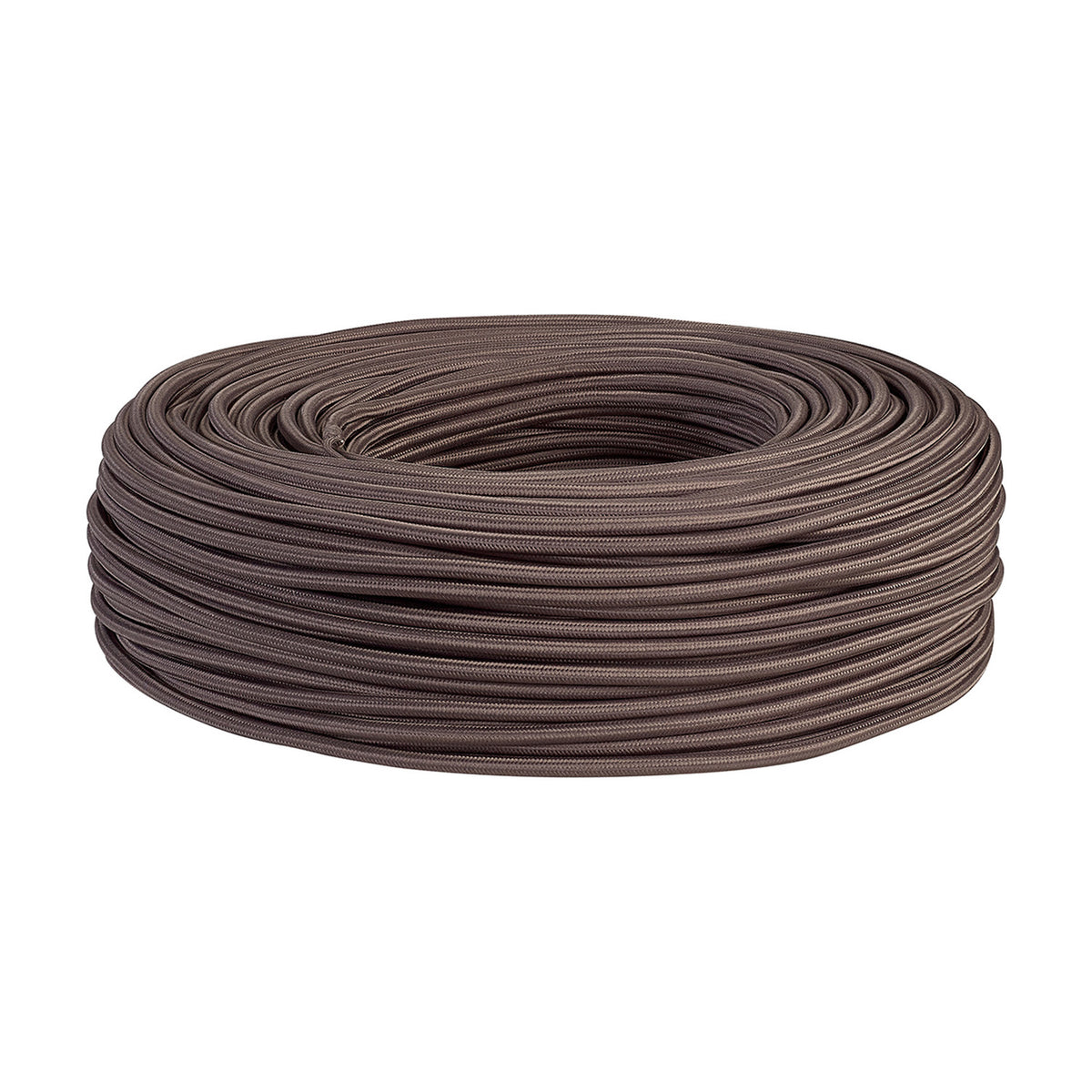 Coiled grey braided flex cable with three cores, round fabric-covered profile in 0.75mm, shown on a plain white background.