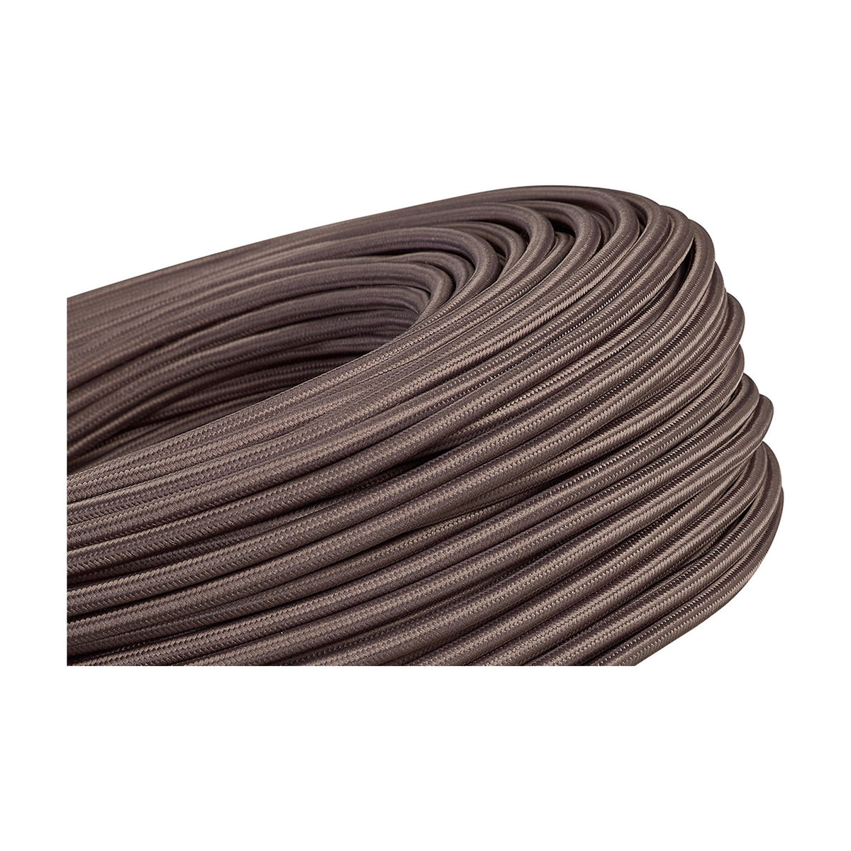 Coiled length of Cavo Braided Copper Cable, a grey fabric-braided 3 core flex with round profile, 0.75mm rating, shown against a plain white background.
