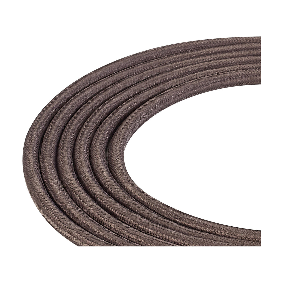 Cavo braided copper cable, a grey fabric-covered 3 core flex with round profile coiled loosely, shown in close-up against a plain white background.