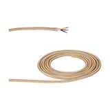 Cavo Braided Copper Cable, a gold fabric-braided 3 core 0.75mm flex coiled on a white background, with one end stripped to show brown, blue and yellow-green wires.