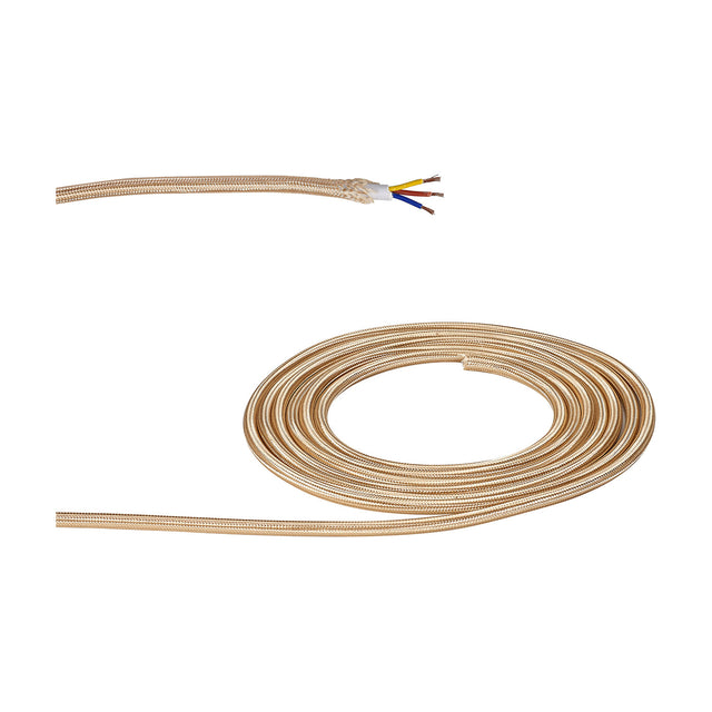 Cavo Braided Copper Cable, a gold fabric-braided 3 core 0.75mm flex coiled on a white background, with one end stripped to show brown, blue and yellow-green wires.