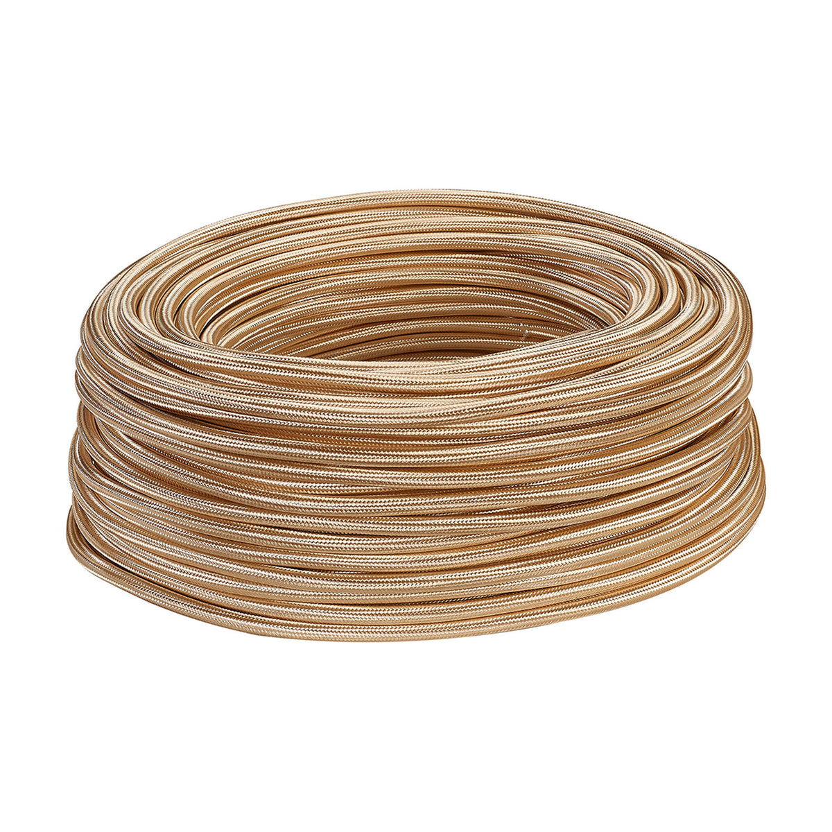 Cavo Braided Copper Cable, a 3 core 0.75mm gold fabric flex coiled in a tight roll, showing its woven braid texture against a plain white background.