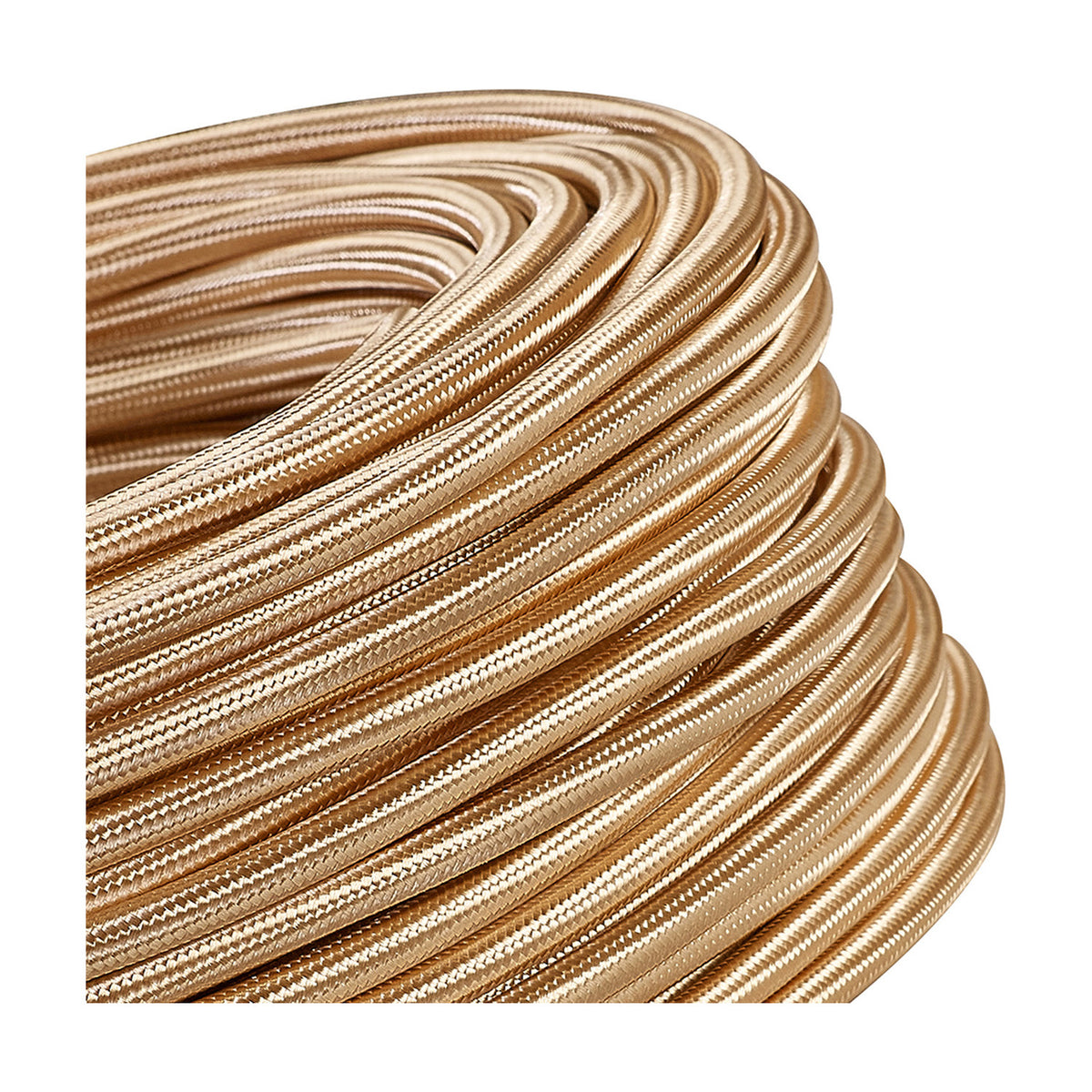 Cavo Braided Copper Cable 3 Core 0.75mm in Gold, close-up of coiled fabric-braided flex showing woven texture, photographed on a plain white background.