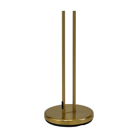 Brazier Floor Lamp 25cm in aged brass, showing the round weighted base with two slim iron stems rising upward, dimmer switch visible, set against a plain white background.