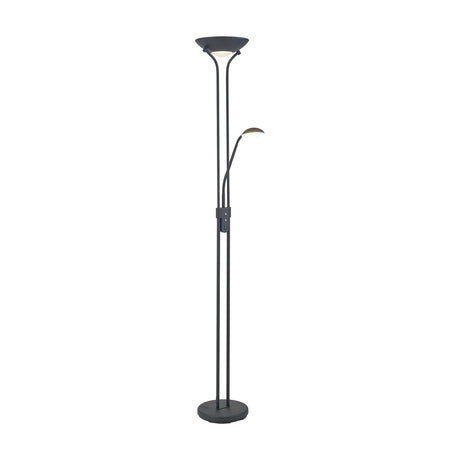 Brazier Floor Lamp 25cm in satin black, tall slim stem with a wide dome head and a smaller angled reading head, dimmer control on the pole, round base, on a plain white background.
