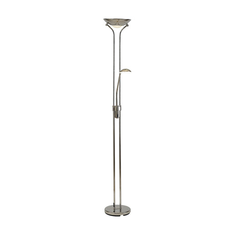 Polished nickel Brazier floor lamp, slim column with wide uplight shade, adjustable reading head, stem dimmer switch, round base, on white background.