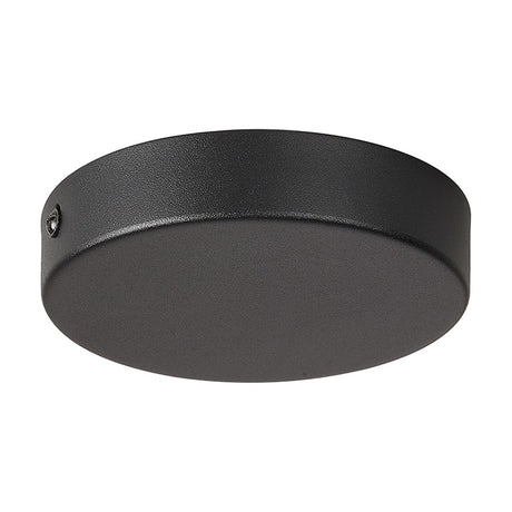 Hayes Round No-Hole Ceiling Rose 12cm in satin black, a shallow round disc with a single side-entry screw fixing, shown on a plain white background.