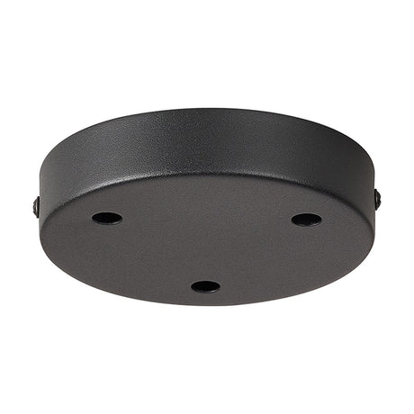 Hayes Round Ceiling Rose 12cm in satin black iron with three evenly spaced flex holes, shown at an angle on a plain white background.