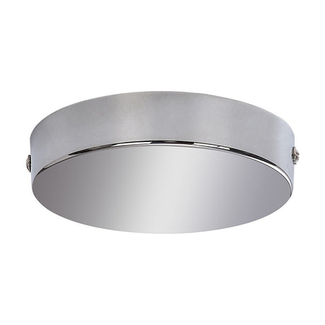 Hayes Round No-Hole Ceiling Rose 12cm in polished chrome, a shallow disc with a mirror-bright face and light grey rim, shown against a plain white background.