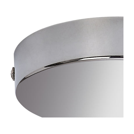 Close-up of the Hayes Round No-Hole Ceiling Rose 12cm in polished chrome, showing its shallow steel disc with a mirror-bright, hole-free surface on a white background.