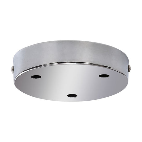 Hayes Round Ceiling Rose 12cm in polished chrome, a shallow round plate with mirror-finish face and three flex holes, shown on a plain white background.