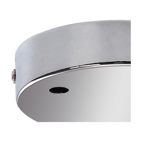 Close-up of the Hayes Round Ceiling Rose 12cm in polished chrome, showing the shallow round plate with mirror-finish underside and a visible cable exit hole, set against a plain white background.
