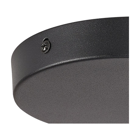 Close-up of the Hayes Round No-Hole Ceiling Rose 15cm in satin black, showing the smooth curved rim and a visible fixing screw, set against a plain white background.