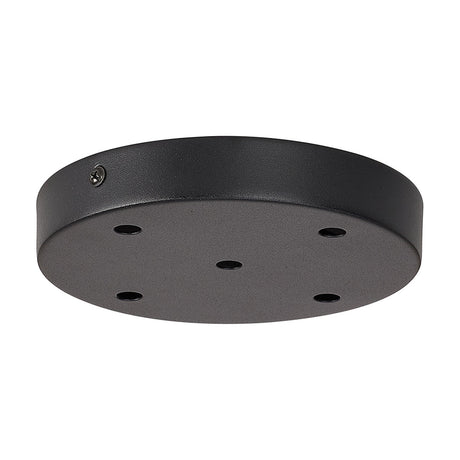 Hayes Round Ceiling Rose 15cm in satin black, a shallow iron plate with five flex openings and a central fixing screw, shown on a plain white background.