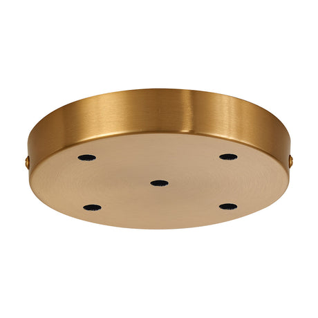 Hayes Round Ceiling Rose 15cm in brushed brass, a shallow disc with five cable holes for cluster pendants, shown on a plain white background.
