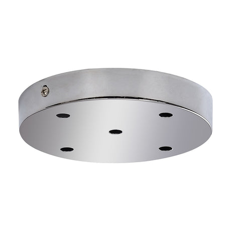 Hayes Round Ceiling Rose 15cm in polished chrome, a low-profile steel plate with five cord outlets, shown against a plain white background.