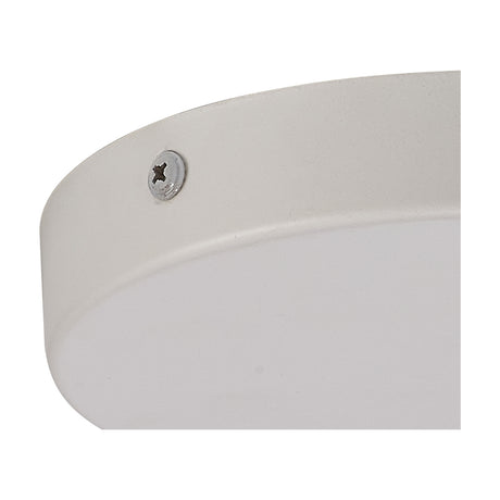 Close-up of the Hayes Round No-Hole Ceiling Rose 15cm in white, showing its curved edge, blank domed face, and a single visible fixing screw against a plain background.