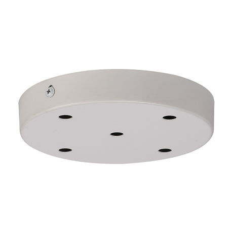 Hayes Round Ceiling Rose 15cm in white, a shallow iron disc with five spaced holes for pendant flexes and a visible fixing screw, shown on a plain background.