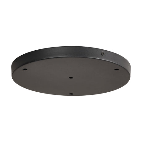 Hayes Round Ceiling Rose 28cm in satin black iron with four central mounting holes for multiple pendant drops, shown on a plain white background.