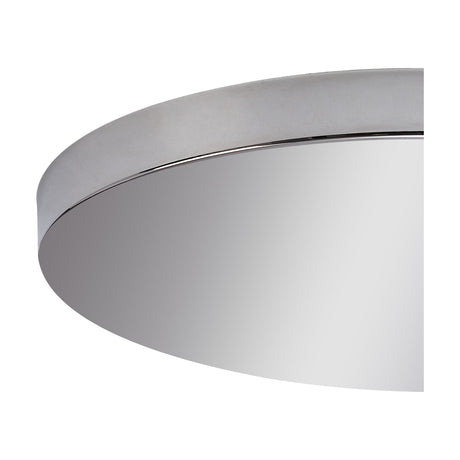 Close-up of the Hayes Round No-Hole Ceiling Rose 28cm in polished chrome, showing its shallow domed profile and mirror-bright, hole-free surface against a plain white background.