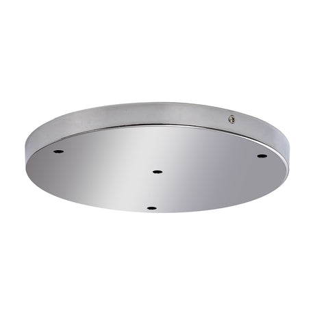 Hayes Round Ceiling Rose 28cm in polished chrome, a shallow round disc with multiple cord-drop holes and a mirror-like reflective finish, shown on a plain white background.