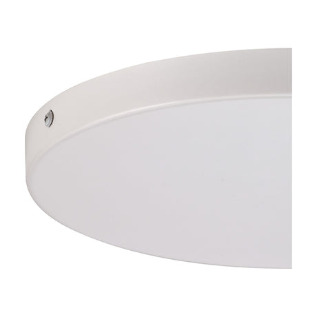 Close-up of the Hayes Round No-Hole Ceiling Rose 28cm in white, showing its shallow curved edge and a single visible fixing screw against a plain background.