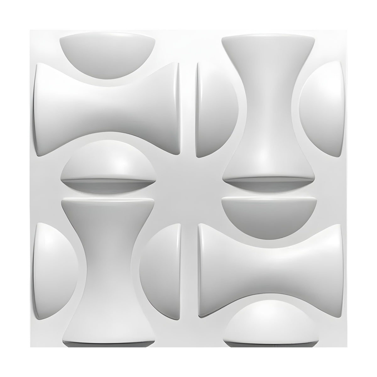 White PVC 3D wall panel, 50 x 50cm, with four quarters of sculpted hourglass and half-moon dome shapes alternating horizontally and vertically, on a plain background.