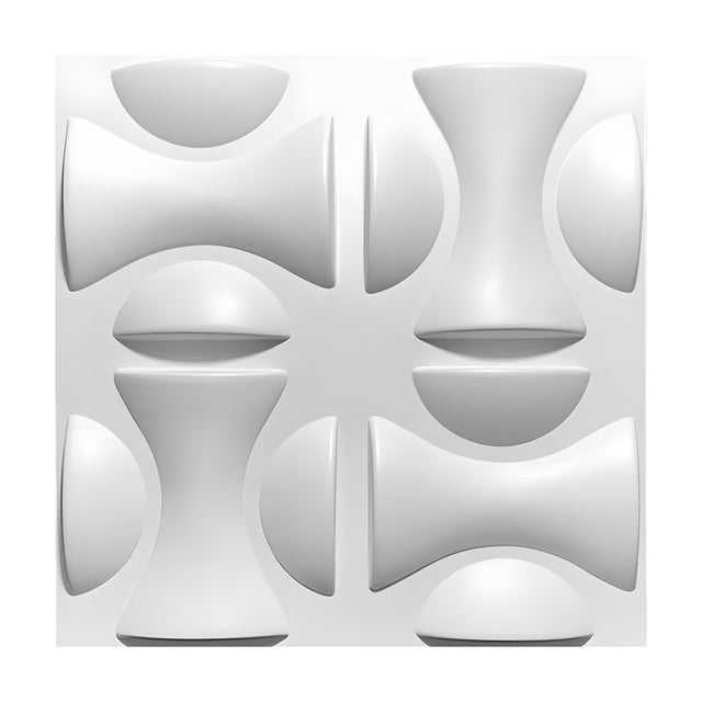 White PVC 3D wall panel, 50 x 50cm, with four quarters of sculpted hourglass and half-moon dome shapes alternating horizontally and vertically, on a plain background.