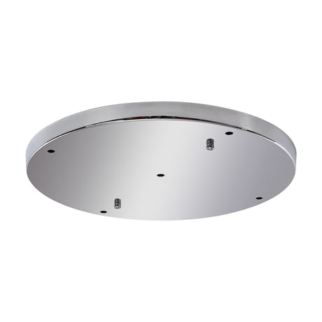 Hayes Round Ceiling Rose 40cm in polished chrome, a shallow steel disc with five flex openings and mounting screws, shown on a plain white background.