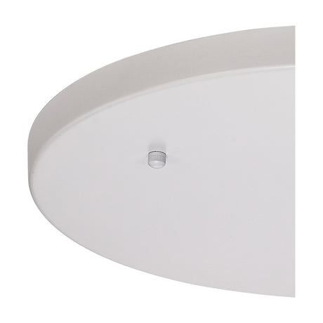 Close-up of the Hayes Round No-Hole Ceiling Rose 40cm in White, showing its shallow domed disc with a smooth, unbroken face and small central screw fitting, set against a plain light background.