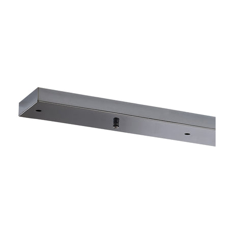 Hayes Linear Ceiling Rose in polished chrome, a slim rectangular bar with two visible cable openings and a central fixing point, shown against a plain white background.