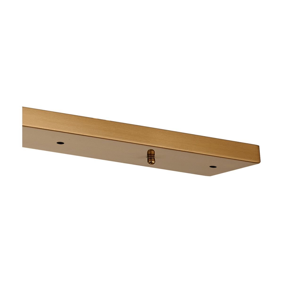 Hayes Linear Ceiling Plate in brass, a slim 110cm bar with five wired holes for pendant lights, shown at an angle on a white background.