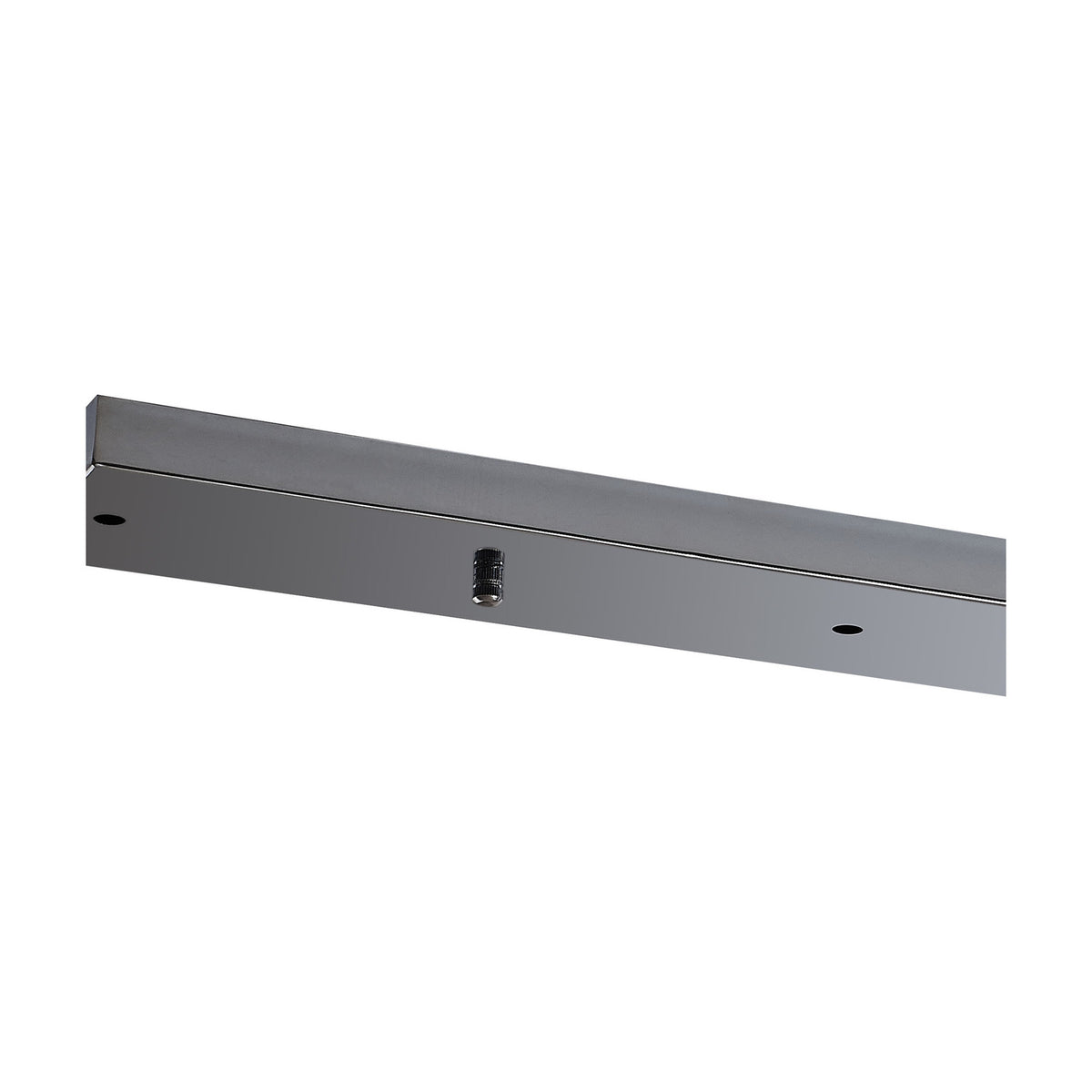 Hayes Linear Ceiling Plate in polished chrome, a slim five-hole bar with a central fixing point, shown at an angle on a plain white background.