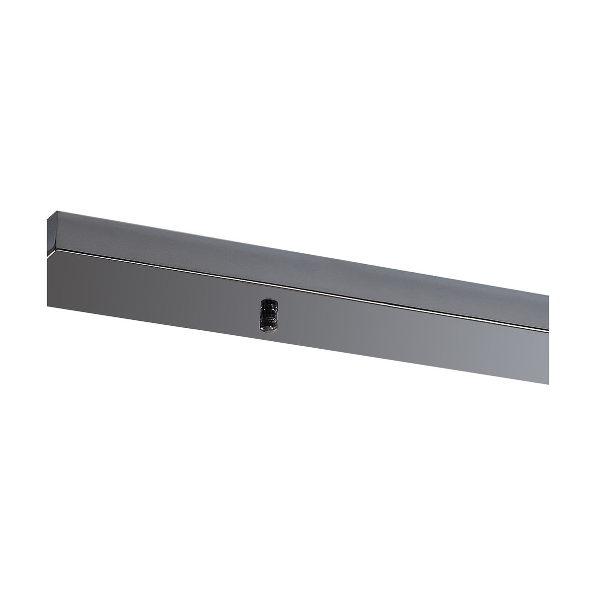 Hayes Linear Ceiling Plate, a 110cm polished chrome bar with five holes for pendant flexes, shown at an angle against a plain white background.
