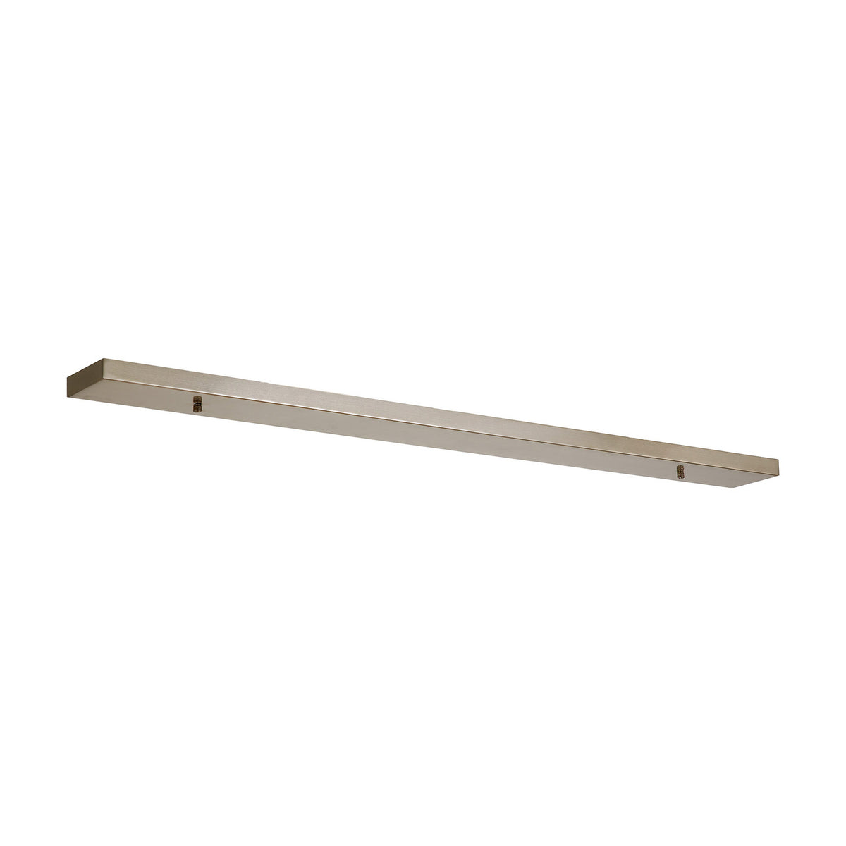 Hayes No-Hole Linear Ceiling Plate 110cm in satin nickel, a slim rectangular bar with a smooth, unbroken face and small mounting fittings, shown against a plain white background.
