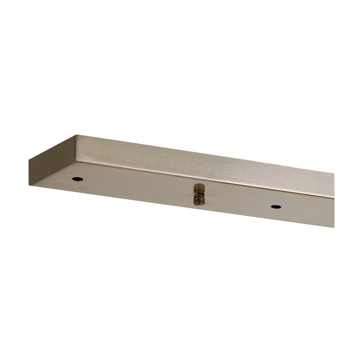 Hayes Linear Ceiling Plate in satin nickel, a slim 110cm iron bar with five evenly spaced drop holes and a central fixing point, shown on a plain white background.