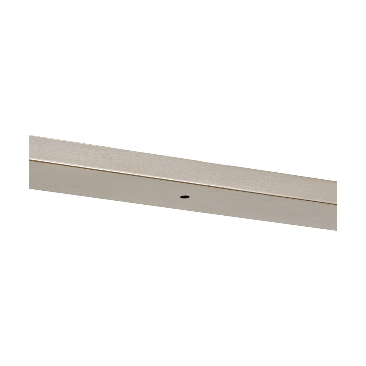 Hayes Linear Ceiling Plate in satin nickel, a slim 110cm bar with a single visible drilled hole, shown at an angle against a plain white background.