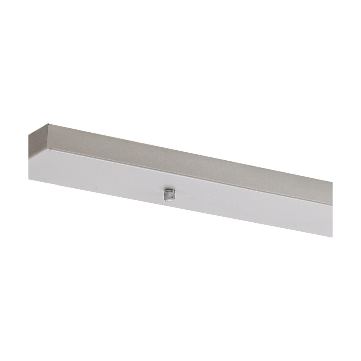 Hayes No-Hole Linear Ceiling Plate in white, a slim 110cm long, 10cm wide bar with a shallow profile and central adjustment knob, shown on a plain white background.