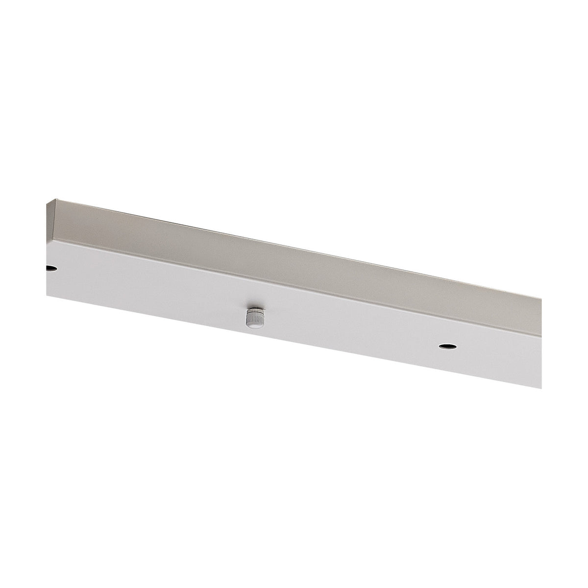 Hayes Linear Ceiling Plate in white, a slim 110cm bar with five evenly spaced holes for pendant drops, shown at an angle against a plain white background.