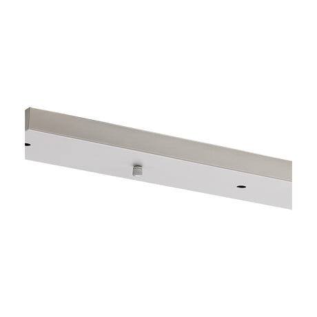 Hayes Linear Ceiling Plate in white, a slim 110cm bar with five evenly spaced holes for pendant drops, shown at an angle against a plain white background.