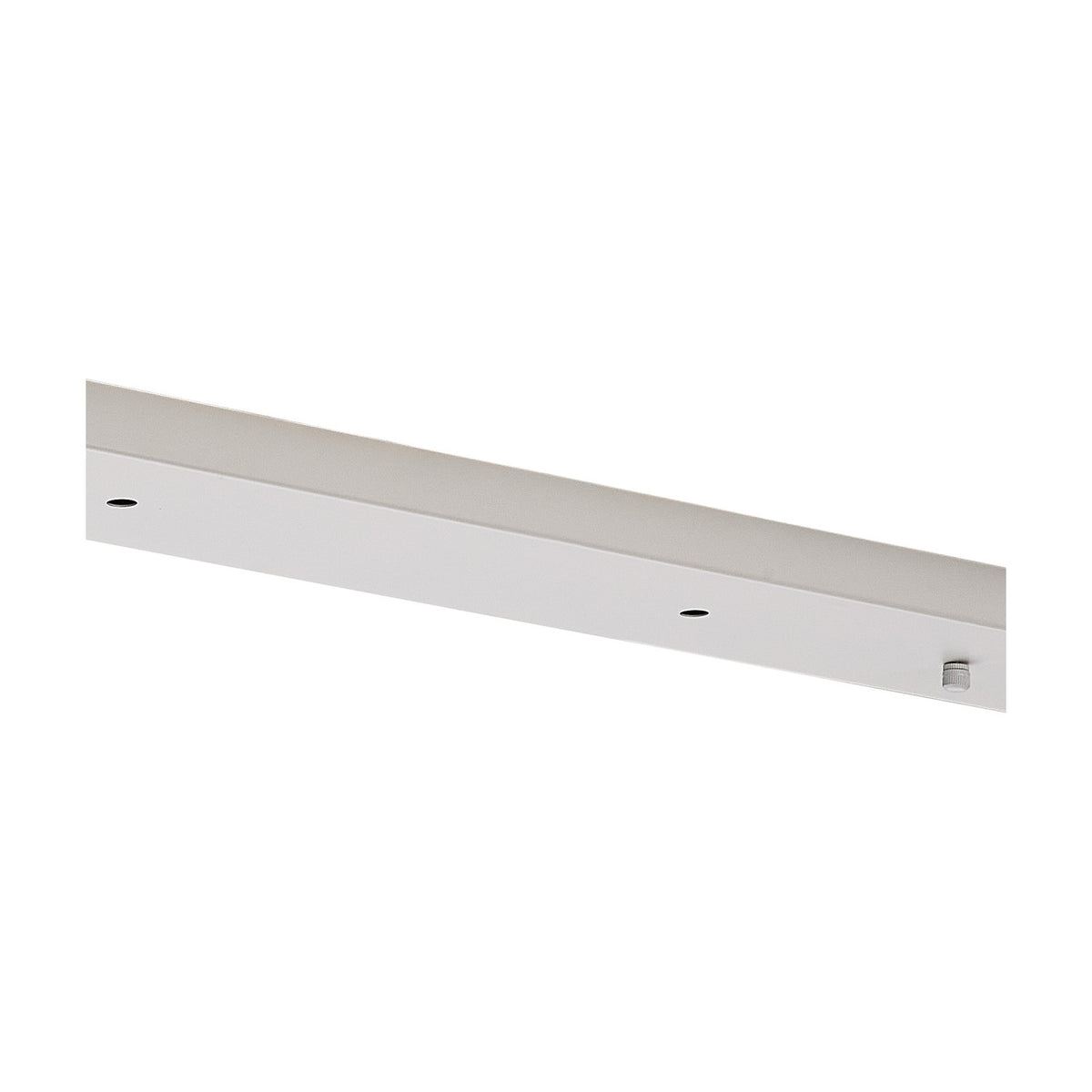 Hayes Linear Ceiling Plate, a slim white iron bar with five evenly spaced holes for multiple pendants, shown at an angle against a plain background.