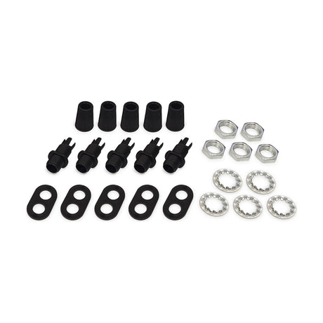Hayes Cable Grip 14mm in black, set of 5 threaded strain-relief cord grips with matching nuts and toothed washers, shown on a plain white background.