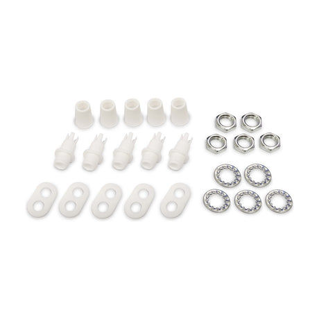Hayes Cable Grip 14mm in white, pack of five plastic compression grips with slotted collars, shown with matching two-hole cable washers, hex nuts and star washers on a white background.