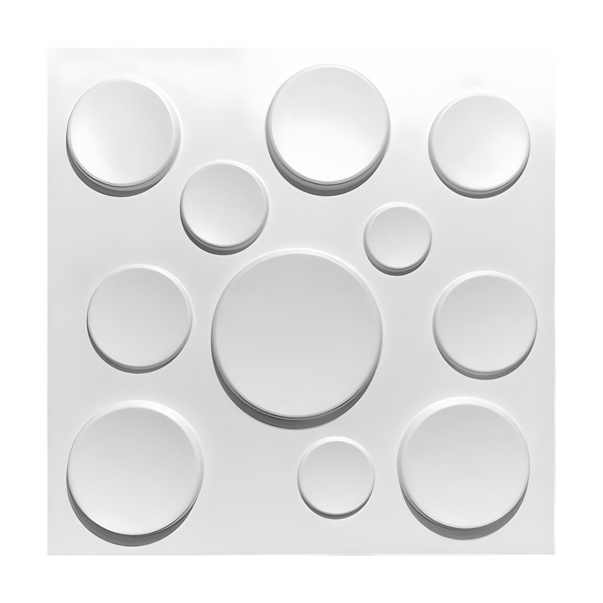 White square 3D PVC wall panel, 50 x 50cm, featuring eleven raised circular discs in varied sizes scattered unevenly across a flat matte white surface.