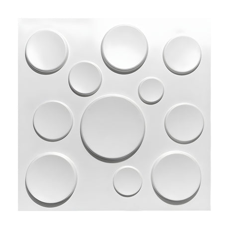 White square 3D PVC wall panel, 50 x 50cm, featuring eleven raised circular discs in varied sizes scattered unevenly across a flat matte white surface.