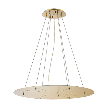 Lowan Suspension Kit 74cm Dia in French Gold, a round flat ceiling plate with multiple cables converging to a large circular disc below, iron finish, shown on a plain white background.
