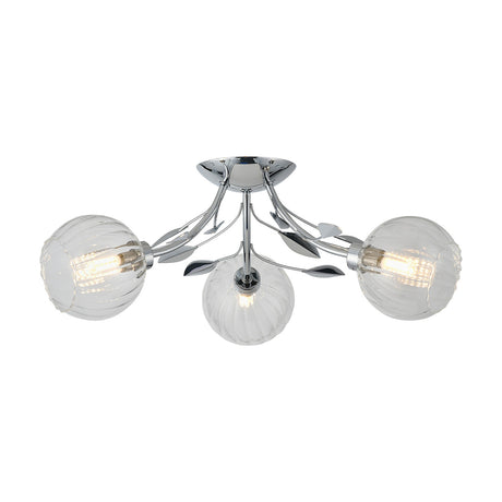 Elm 3 Light G9 ceiling light in polished chrome, 52.5cm semi-flush fitting with three clear ribbed glass globe shades on leaf-detailed arms, shown on a white background.