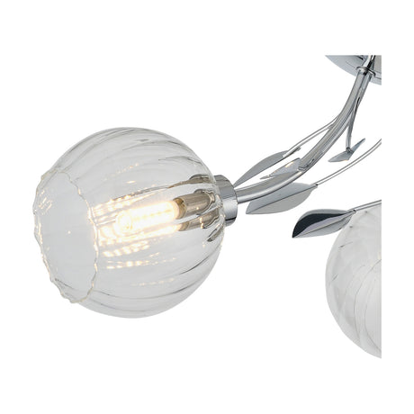 Close-up of the Elm 3 Light G9 Ceiling Light in polished chrome, showing a ribbed clear glass globe shade with leaf-shaped chrome accents on the arms.