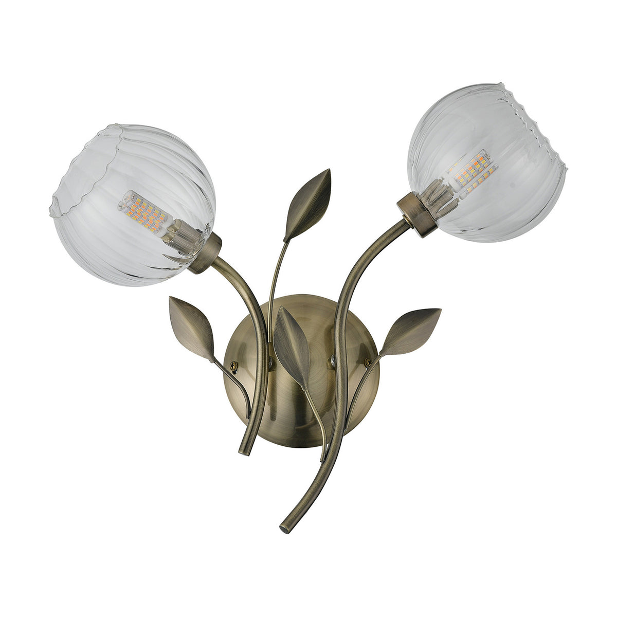 Elm G9 2 Shade Wall Light in antique brass, featuring two curved arms with leaf details and clear ribbed glass shades holding G9 bulbs, shown on a plain white background.