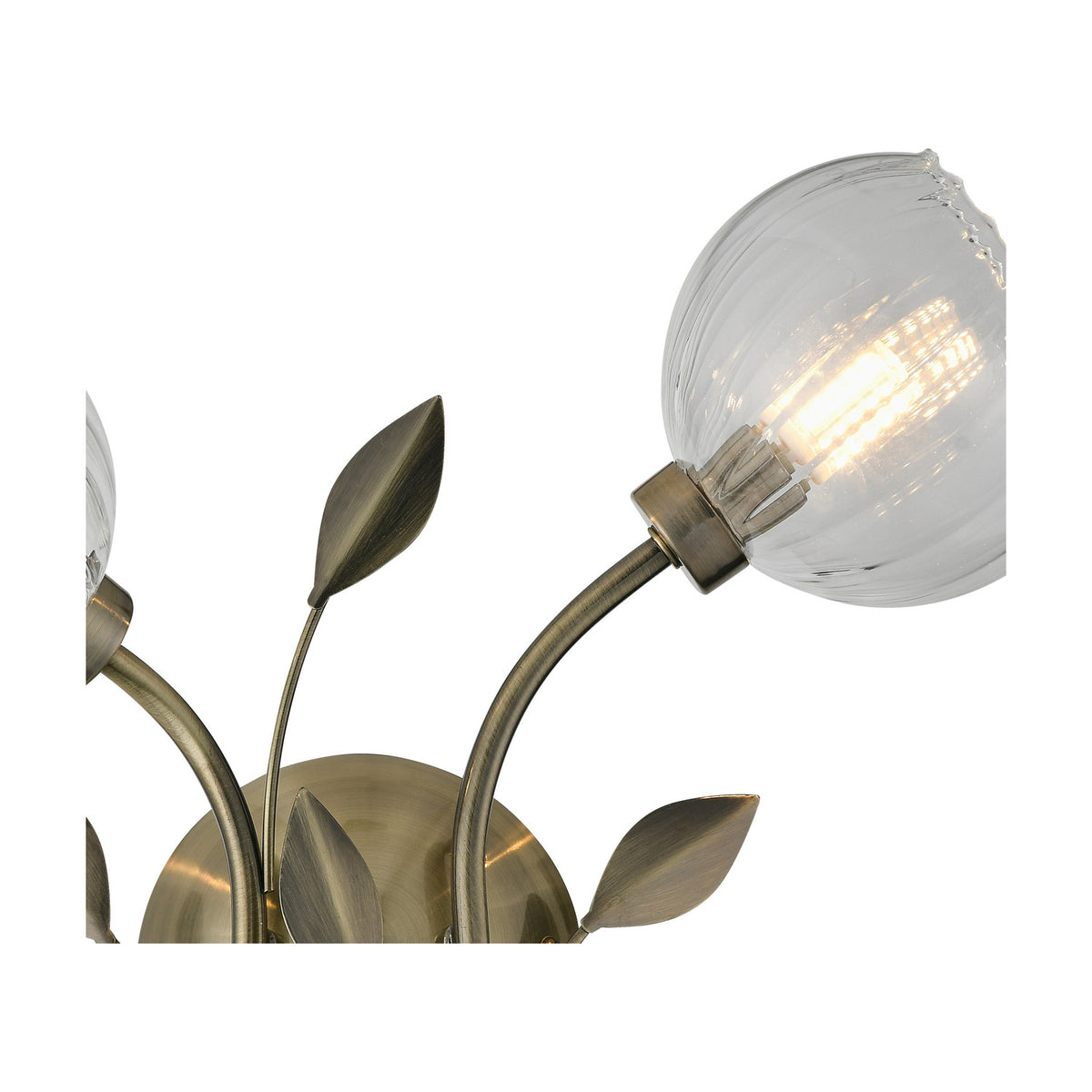Close-up of the Elm G9 2 Shade Wall Light in antique brass, showing a leaf-detailed arm, clear ribbed glass globe shade, and lit G9 bulb against a white background.